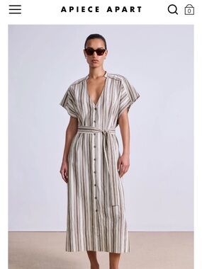 Apiece Apart Neutral Striped Button-Front Belted Midi Dress